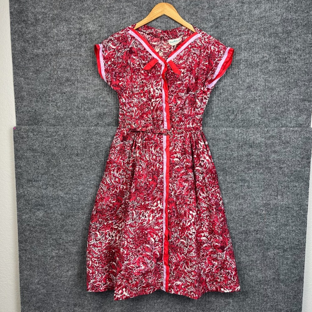 Vtg 50s 60s Kay Whitney Dress Womens XS Red Floral Fit Flare Belted - Picture 1 of 15